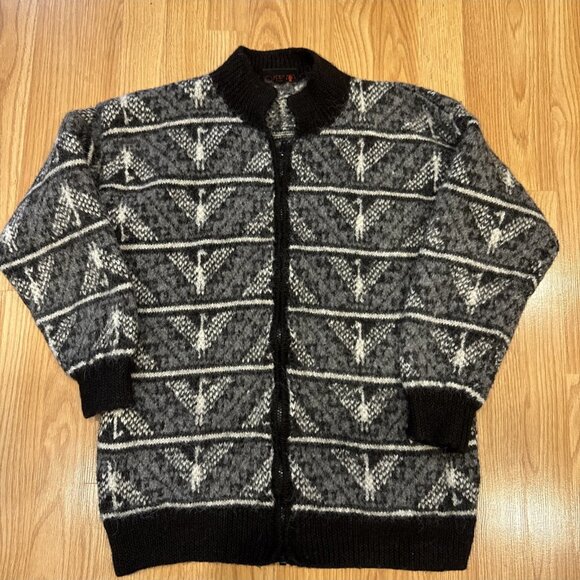 Minkha 100% Alpaca Hand-Knit Zip Cardigan Sweater Gray Black Pattern Women L/XL - Picture 1 of 6